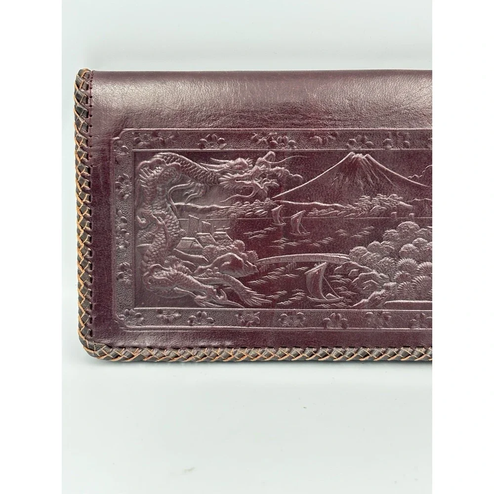 Vintage Embossed Leather Wallet Japanese Japan Map Dragon Bi-fold Dark Brown